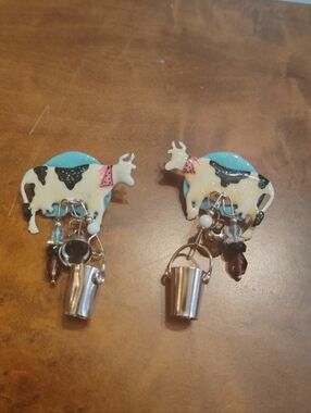 Lunch At The Ritz Enamel Dangle Drop Earrings Cafe Au Lait Milking Cows LATR